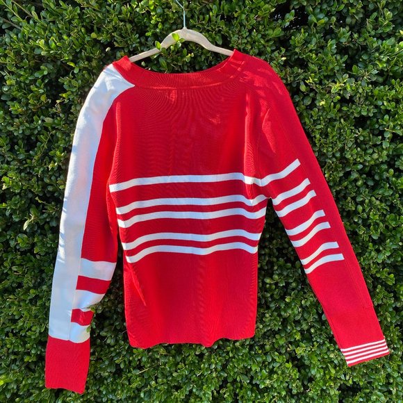 Designer Red and White Striped Pullover Sweater - Picture 3 of 3